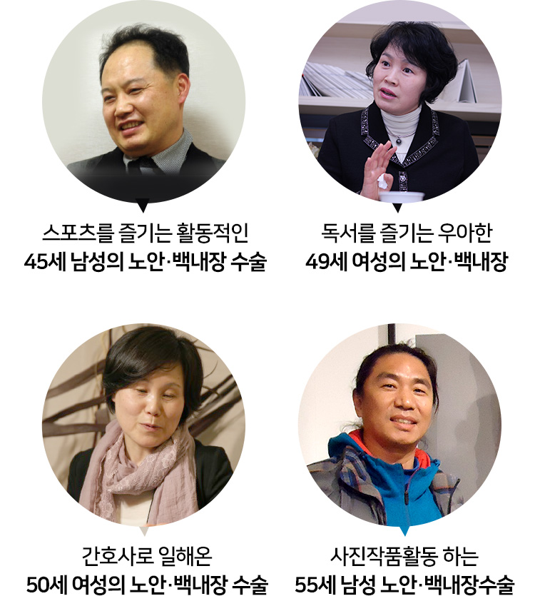 스포츠를 즐기는 활동적인 45세 남성의 노안 · 백내장 수술, 독서를 즐기는 우아한 49세 여성의 노안 · 백내장 수술, 간호사로 일해온 50세 여성의 노안 · 백내장 수술, 사진작품활동 하는 55세 남성 노안 · 백내장수술
